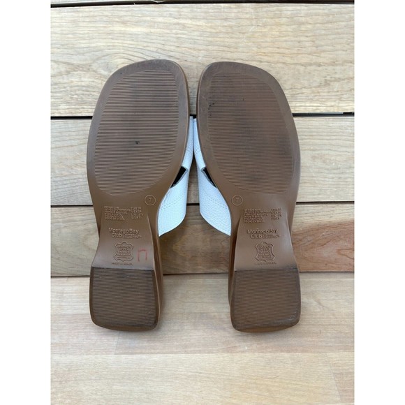 90s Minimalist Square Heel, Nude Pebbled Leather  Block Heel Slides Sandal White - Picture 7 of 8